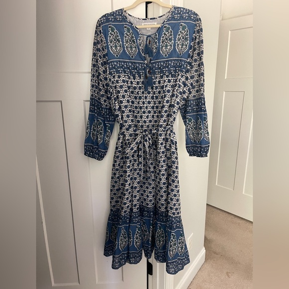 India Collection Emerson Fry Long Sleeve Maxi Dress Blue Floral Belted - Picture 1 of 5